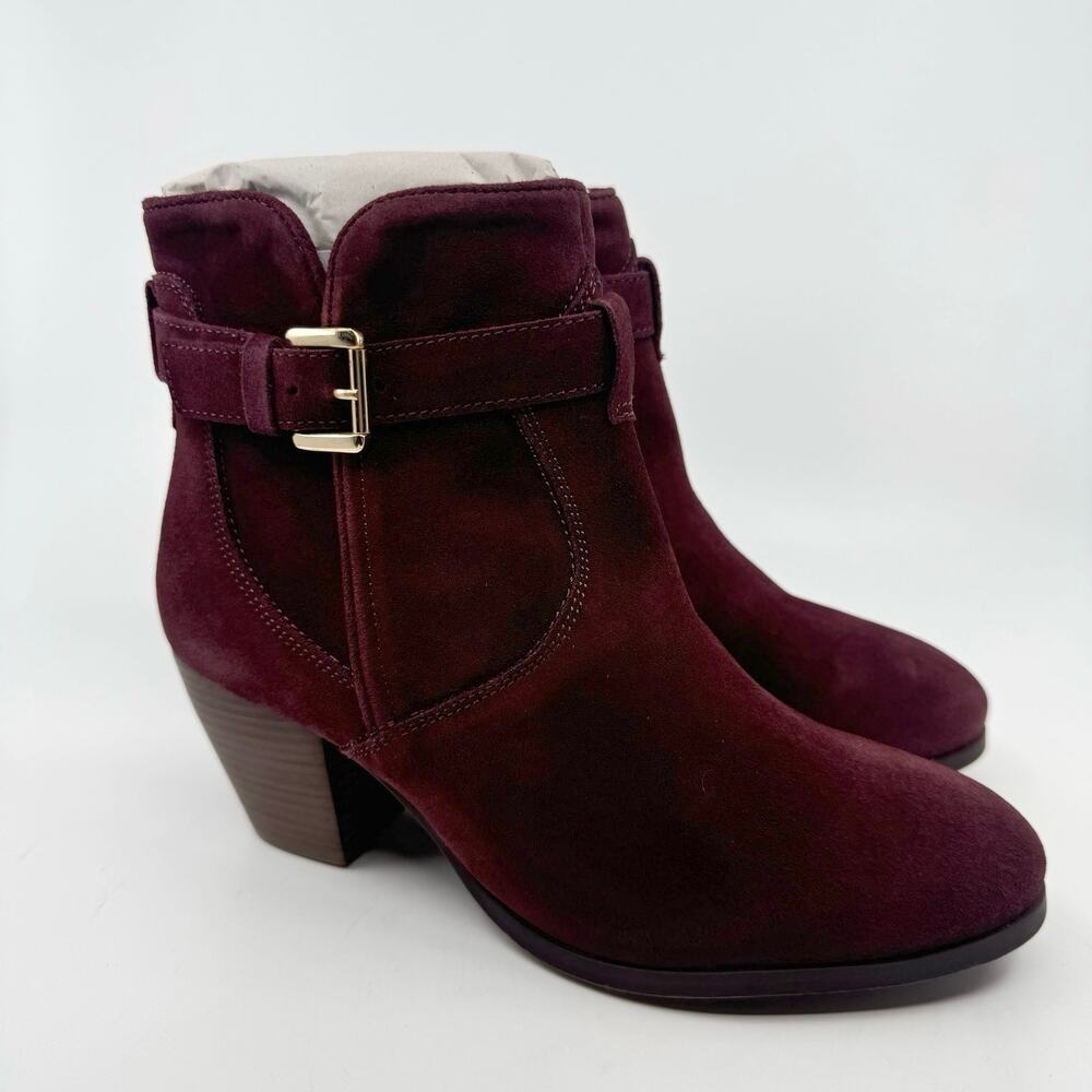 Diba Sleek Buckle Ankle Bootie Side Zipper Block Heel Burgundy Womens Size US 7